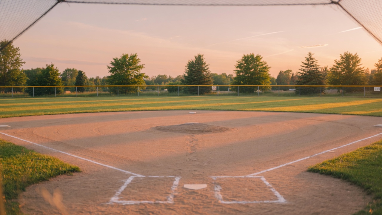 Empty baseball diamond in late-day light